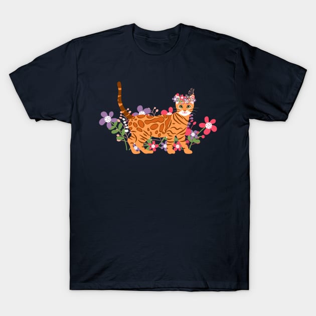 Bengal Cat and Flowers T-Shirt by LulululuPainting